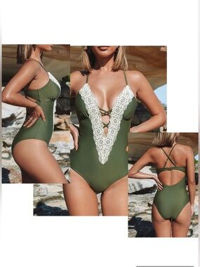 Cupshe Olive Green Lace‎ Trimmed Plunge  V-Neck One-Piece Swimsuit Size S